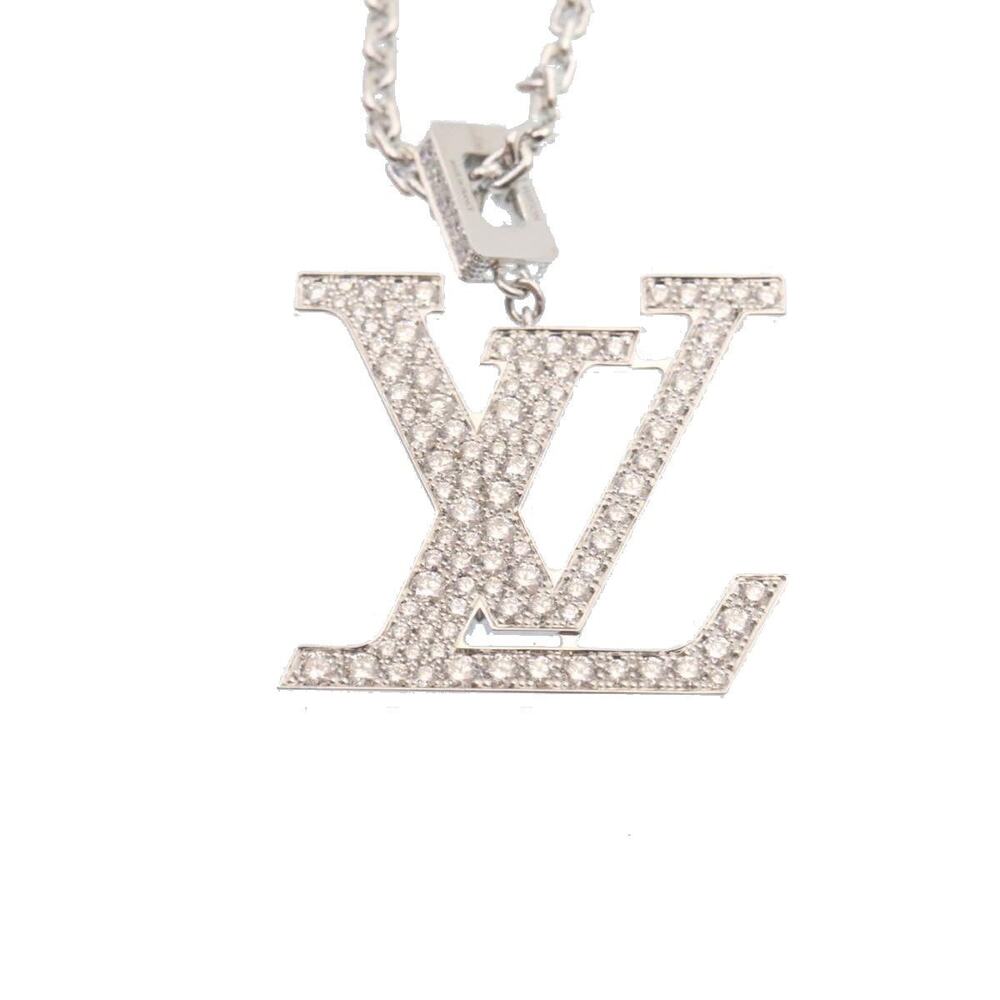 Louis Vuitton White Gold Diamond Pandantif LV XL Necklace Silver